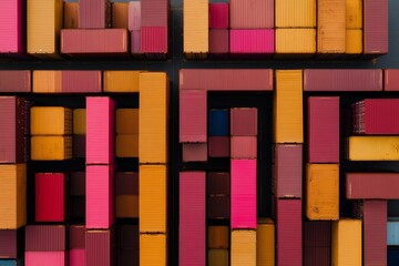 Poster - Aerial Container Symphony Geometric Patterns of Vibrant Shipping Crates at Indian Terminal Sunrise - Logistics Innovation and Global Supply Chain Optimization in Sustainable Trade Practices
