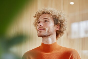 Poster - Modern Business Innovation Portrait Casual Young Professional in Orange Knitwear - Startup Communication and Informal Workspace Collaboration