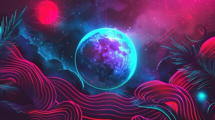 Wall Mural - A vibrant cosmic scene featuring a glowing planet and abstract waves in a colorful universe.