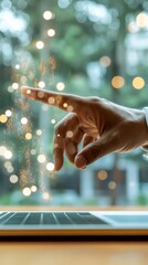 Aufkleber - Futuristic Touch Interaction Hand with Holographic Sparkles and Laptop in Modern Workspace - Cutting-Edge Digital Content and Business Innovation for Tech-Savvy Enterprises