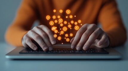 Aufkleber - Contemporary Fintech Workspace Hands Typing on Laptop with Digital Cryptocurrency Interface - Blockchain Innovations and Financial Technology Solutions