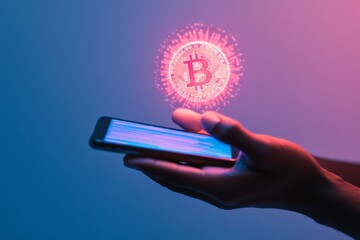 Aufkleber - Neon Tech Fusion Medium-Dark Hands with Holographic Cryptocurrency Coin Hovering Above Smartphone - Cutting-Edge Fintech Visualization for Digital Wallet Marketing and Blockchain Engagement