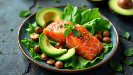 Wall Mural - Delicious salmon and avocado salad with fresh greens and nuts on a rustic plate