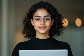 Poster - Contemporary Minimalist Portrait Young Woman with Curly Hair and Glasses in Cozy Knit - Modern Aesthetic for Digital Marketing and Professional Branding Visuals