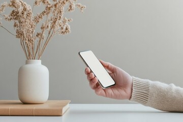 Aufkleber - Scandi-Tech Close-up Hand with Smartphone and Minimalist Digital App - Modern Education and E-Learning Solution for Balanced Lifestyle and Innovative Workspace Design