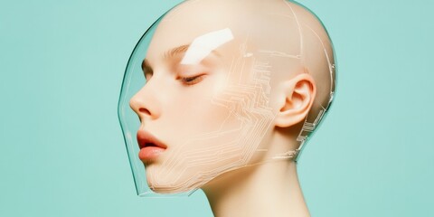 Poster - Futuristic Tech Portrait Human-Android Hybrid with Circuitry Detail - Exploring Emotional Identity for Modern AI and Digital Branding in Creative Industries