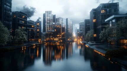 Aufkleber - Futuristic cityscape with energy grids urban center digital art evening ambience reflective view innovation concept