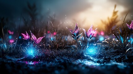 Poster - Futuristic field of glowing digital plants enchanted landscape 3d render nighttime surreal vision