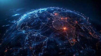 Leinwandbilder - Global digital network visualization technology glowing lines across earth night view innovative concept for seo impact