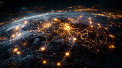 Poster - Global strategy visualized as glowing pathways connecting continents digital art nighttime aerial view connectivity concept