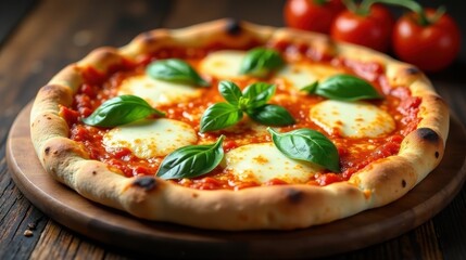 Wall Mural - Aromatic Homemade Pizza with Melted Mozzarella and Fresh Basil on Rustic Wooden Board