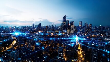 Aufkleber - Dynamic urban cityscape modern technology digital data flow nighttime skyline aerial perspective futuristic vision