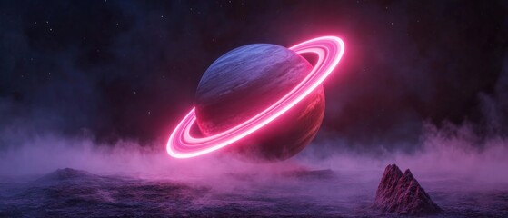 Poster - Neon Planet Aesthetics Glowing Rings Over Alien Desert with Crystalline Formations - Sci-Fi Universe for Luxury Travel and Immersive Digital Experiences