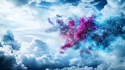 Poster - Abstract art in a serene cloudscape connectivity and vibrant connections in ethereal digital space - wide view
