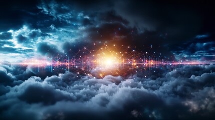 Leinwandbilder - Serene digital landscape with aerial cloud servers abstract artwork of futuristic technology and tranquility