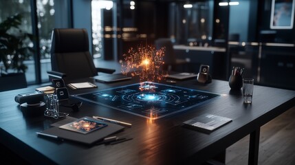Leinwandbilder - Strategic planning with holographic table in a modern office a digital innovation professional environment