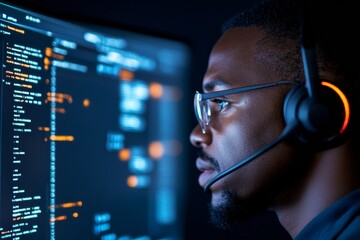 Aufkleber - Dark Mode Control Room Black Male IT Professional in Headset Analyzing Data on Monitors - Advanced Cybersecurity for Business Crisis Management and Encrypted Connections