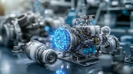 Fototapete - High-tech engine innovation futuristic workshop 3d rendering industrial environment close-up perspective ai concept