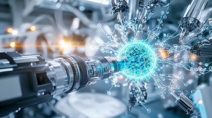 Fototapete - Emerging ai technology visualized as glowing neural networks in industrial setting futuristic perspective digital art