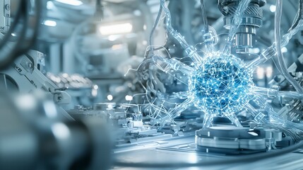 Fototapete - Innovative ai system depicted as a glowing neural network in a futuristic high-tech lab digital art close-up