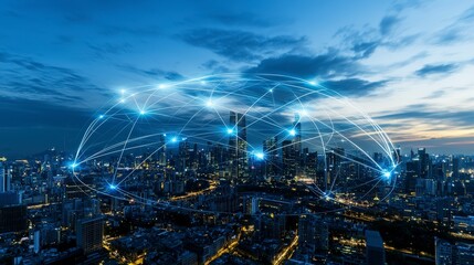 Aufkleber - Dusk in an ultramodern cityscape a vibrant interconnected urban environment technology-driven aerial perspective