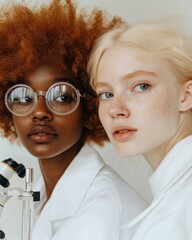 Poster - Diverse STEM Education Aesthetic Afro and Blonde Students Engaged in Microscope Use - Modern Learning Content and Inclusive Science Marketing Strategy