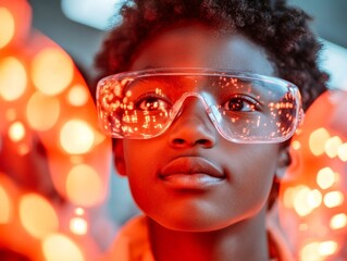 Aufkleber - Futuristic STEM Exploration Diverse Student with Protective Visor Amidst Glowing Experiment - Modern EdTech Visuals for Engaged Learning and Youth Empowerment