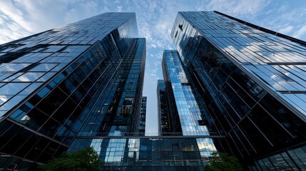 Fototapete - Urban skyscrapers showcasing digital transformation technology analytics in modern business environment