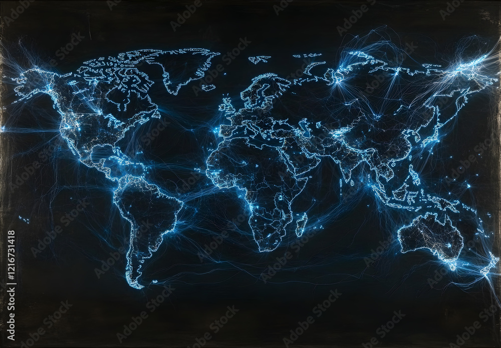 Futuristic Digital World Map with Glowing Lines and Connected Network ...