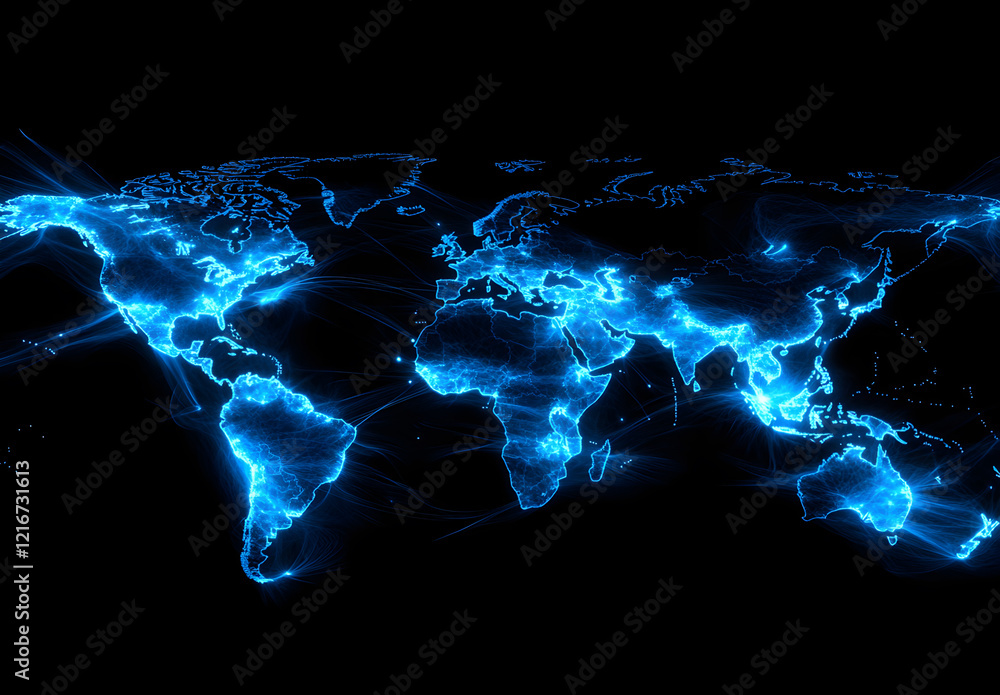 Futuristic Digital World Map with Glowing Lines and Connected Network ...