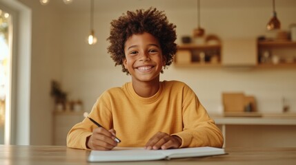 Poster - Sunlit Remote Learning Young Boy with Tablet and Notebook at Home - Inspiring Educational Technology and Youth Engagement in Homeschooling Environments