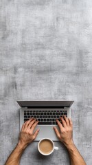 Poster - Minimalist Workspace Sleek Laptop with Hands Typing, Textured Gray Surface, Wireless Accessories and Coffee - Modern Business Efficiency and Digital Productivity