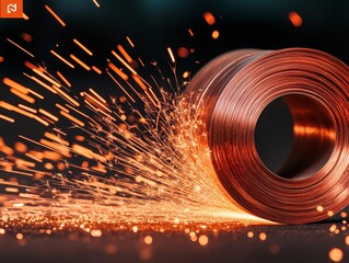 Fototapete - Sparks and Steel Dynamic Copper Coil with Flying Sparks Industrial Excellence and Engineering Precision in Modern Fabrication for Trade Marketing
