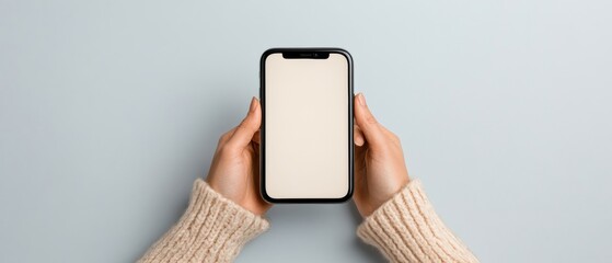 Poster - Minimalist Tech Display Smartphone on Neutral Surface with Hands-On Usage Modern Digital Marketing and Innovative Product Showcase for Tech-Savvy Audiences