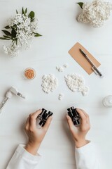 Aufkleber - Nordic Minimalist Lab Setup Hands with Microscope and Blossoms on White Surface - Biotech Innovation Imagery for Scientific Marketing and Eco-Friendly Branding