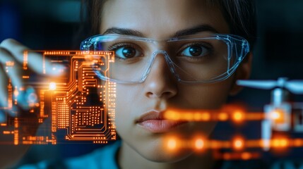 Aufkleber - Innovative Tech Spirit Focused Latina Engineer, 32, Analyzing Circuit Board and Drone - Pioneering Digital Solutions for Modern Industrial Applications