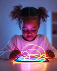 Fototapete - Innovative EdTech Experience African Girl Engaged with Stylus Tablet in Soft Lighting - Elevating Creative Learning and Modern E-Learning Tools