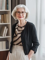 Wall Mural - A woman in a black jacket and white pants stands in front of a bookshelf. She is wearing glasses and has a smile on her face