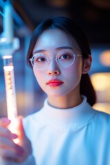 Poster - Futuristic Lab Chic Asian Female Researcher (30s) with Smart Glass and Glowing Tech - Advancing Green Tech Innovation in Digital Science Layouts