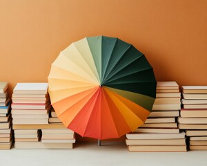 Aufkleber - Vibrant Surreal Library Decor Rainbow Umbrella Among Book Waves - Visual Storytelling for Educational Spaces and Creative Marketing Campaigns