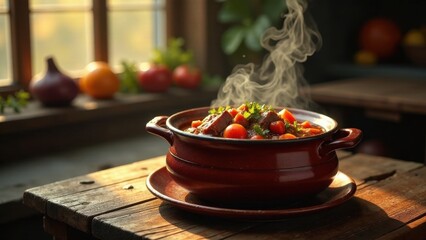 Wall Mural - Aromatic Stew Simmering in Rustic Pot, Bathed in Golden Sunlight on Wooden Table