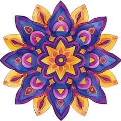 Wall Mural - Vibrant Watercolor Mandala Design with Purple, Yellow, and Orange Hues.