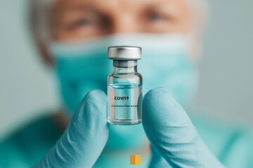 Aufkleber - Clinical Precision in Vaccine Promotion Gloved Hand with COVID-19 Vial Against Soft-Focused Medical Environment - Ideal for Health Campaigns and Scientific Outreach