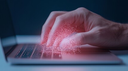 Fototapete - Holographic Data Input Innovative Use of Digital Graphs on Laptop Keyboard for Advanced Tech Applications and Strategic Business Analytics