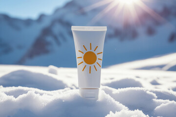 White sunscreen tube on snow on mountain sunlightbackground. Sun protection in winter. AI generated