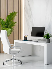 Wall Mural - Modern Minimalist Home Office Setup - Clean and modern home office workspace with white desk, chair, and computer, featuring wood and marble accents.