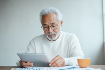 Poster - Soft Urban Glow South Asian Man Analyzing Digital Finance Portfolio on Tablet with Minimalist Desk Setup - Fintech Innovation and Investment Strategy