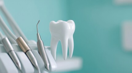Aufkleber - Sleek Dental Tools on Teal Background Stainless Steel Instruments for Modern Dental Care in Professional Clinics - Promoting Hygiene and Health Tech