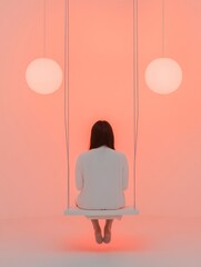 Poster - Dynamic Immersive Art Installation Asian Woman on Minimalist Swing with Illuminated Orbs in Modern Gallery - Enhancing Experiential Design and Interactive Marketing Spaces