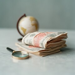 Poster - Reflective Global Finance Stacked Currency Bills and Mini Globe with Magnifier - Corporate Financial Analysis and International Trade Insights